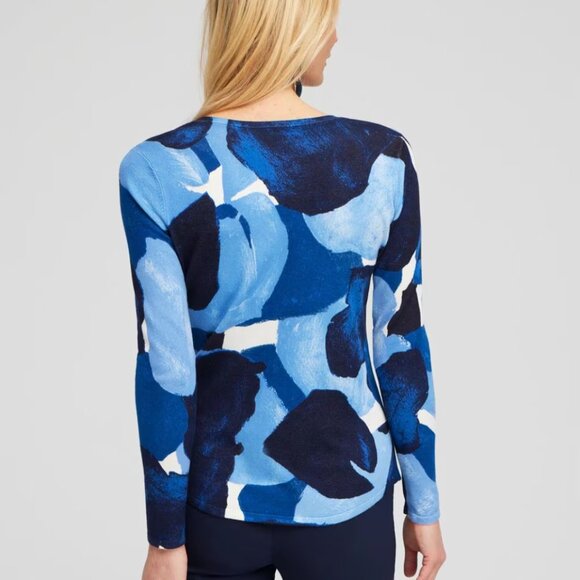 Chico’s Spun Rayon Blue Abstract Print V-Neck Pullover Sweater 4 (XXL 20/22) - Picture 2 of 4